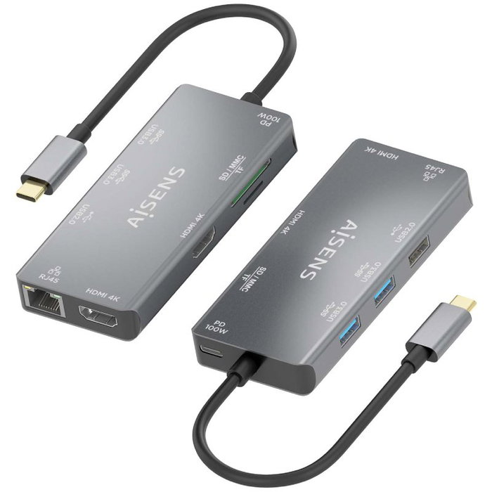 Aisens USB-C Dock 9 en 1, 2xHDMI, RJ45, USB 3.0, PD 100W, Gris